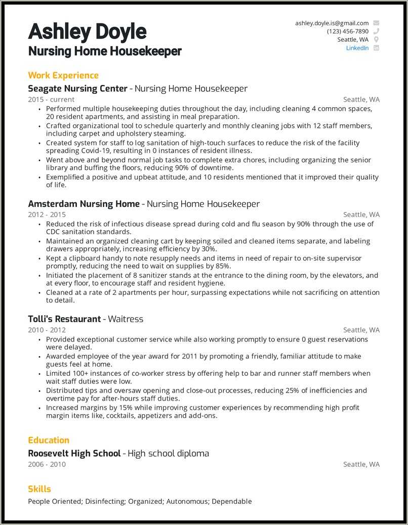 Example Of Resume For Housekeeping In Hospital - Resume Example Gallery