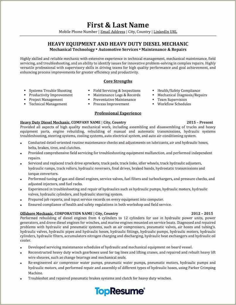 Diesel Mechanic Engineer Resume Example - Resume Example Gallery