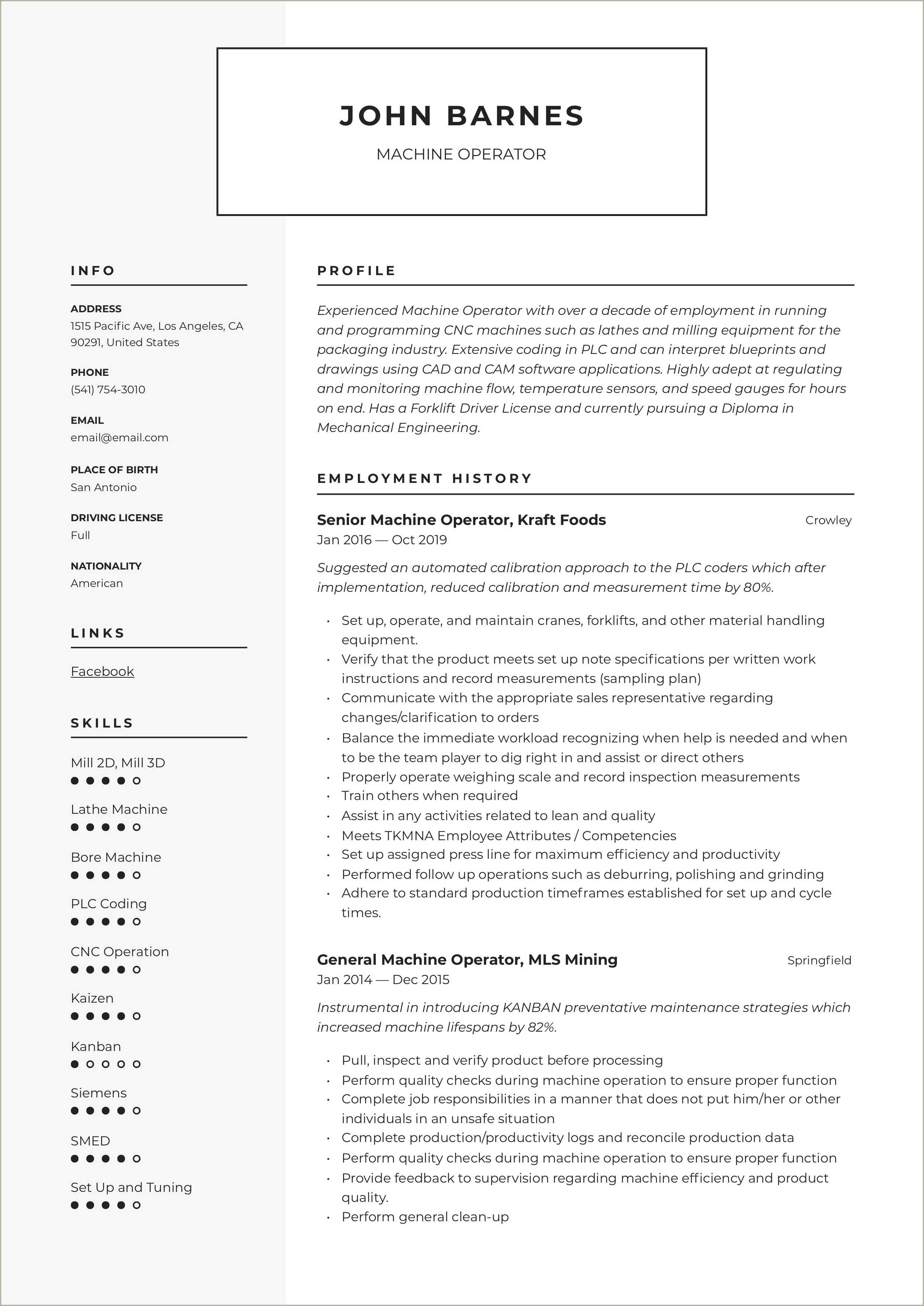 Examples Of Resumes Machine Operators - Resume Example Gallery