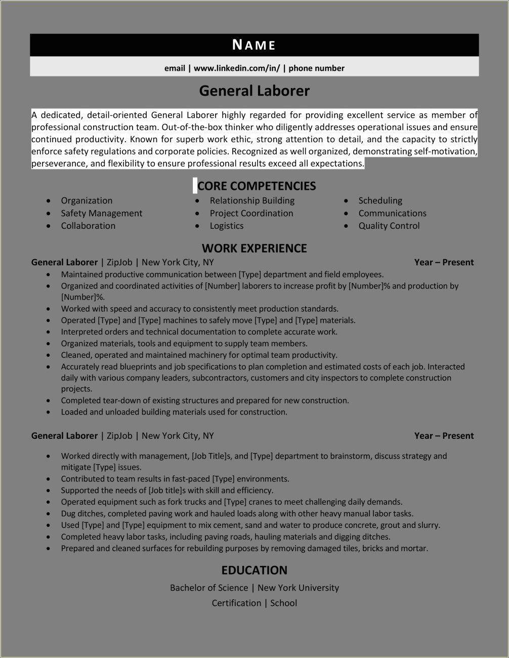 Examples Of Construction Laborer Resume Resume Example Gallery