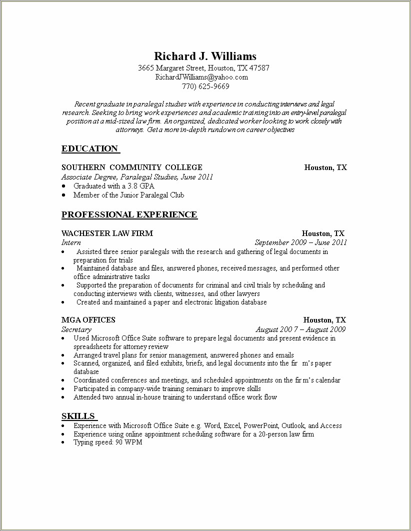 Entry Level Paralegal Resume Examples - Resume Example Gallery