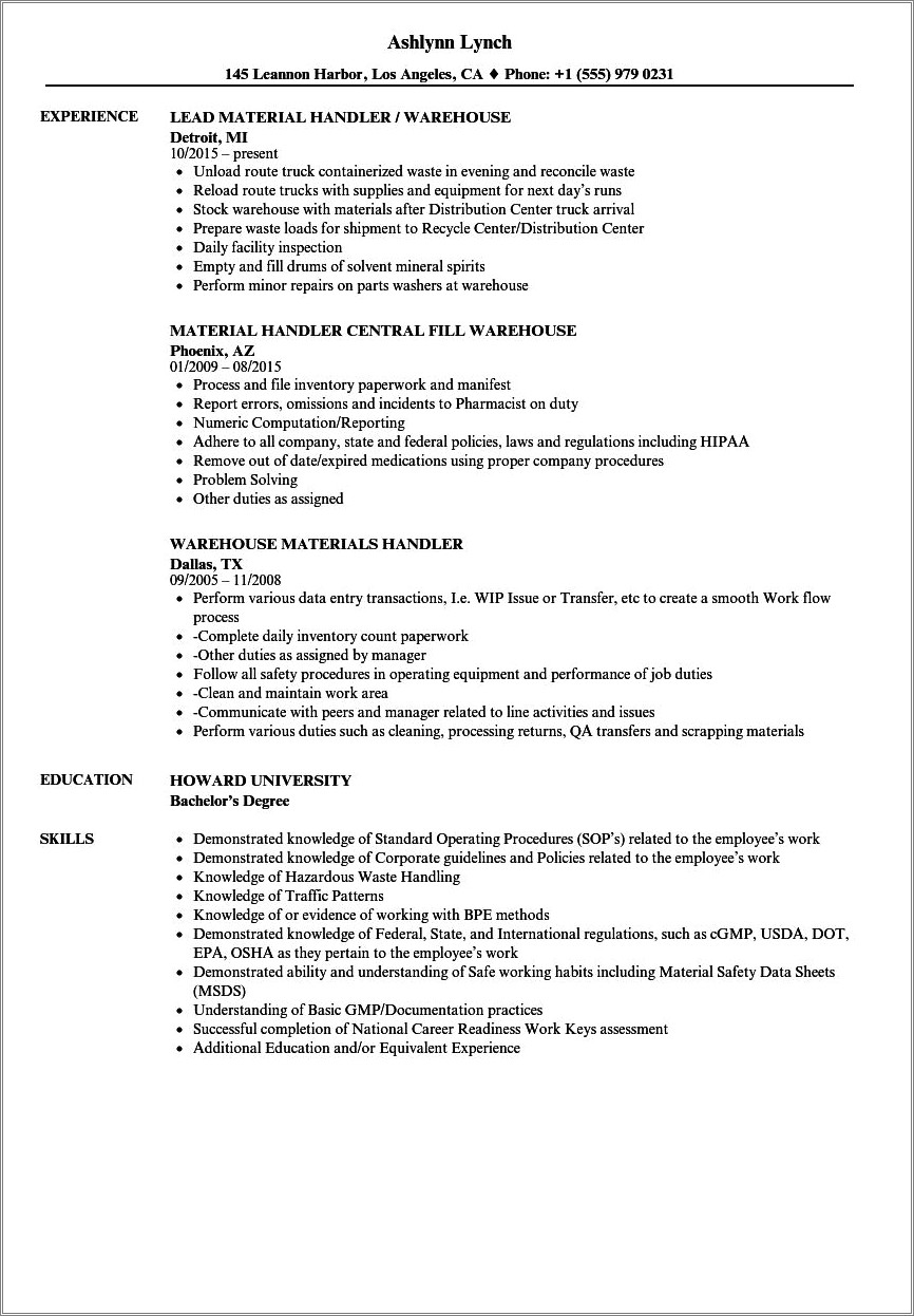 Examples Of Good Resume For Fedex Package Handler - Resume Example Gallery