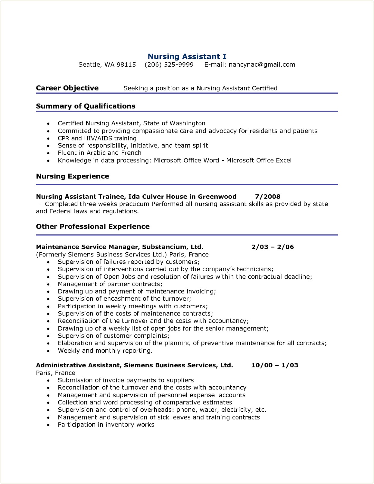 Resume Templates For Cnas Free