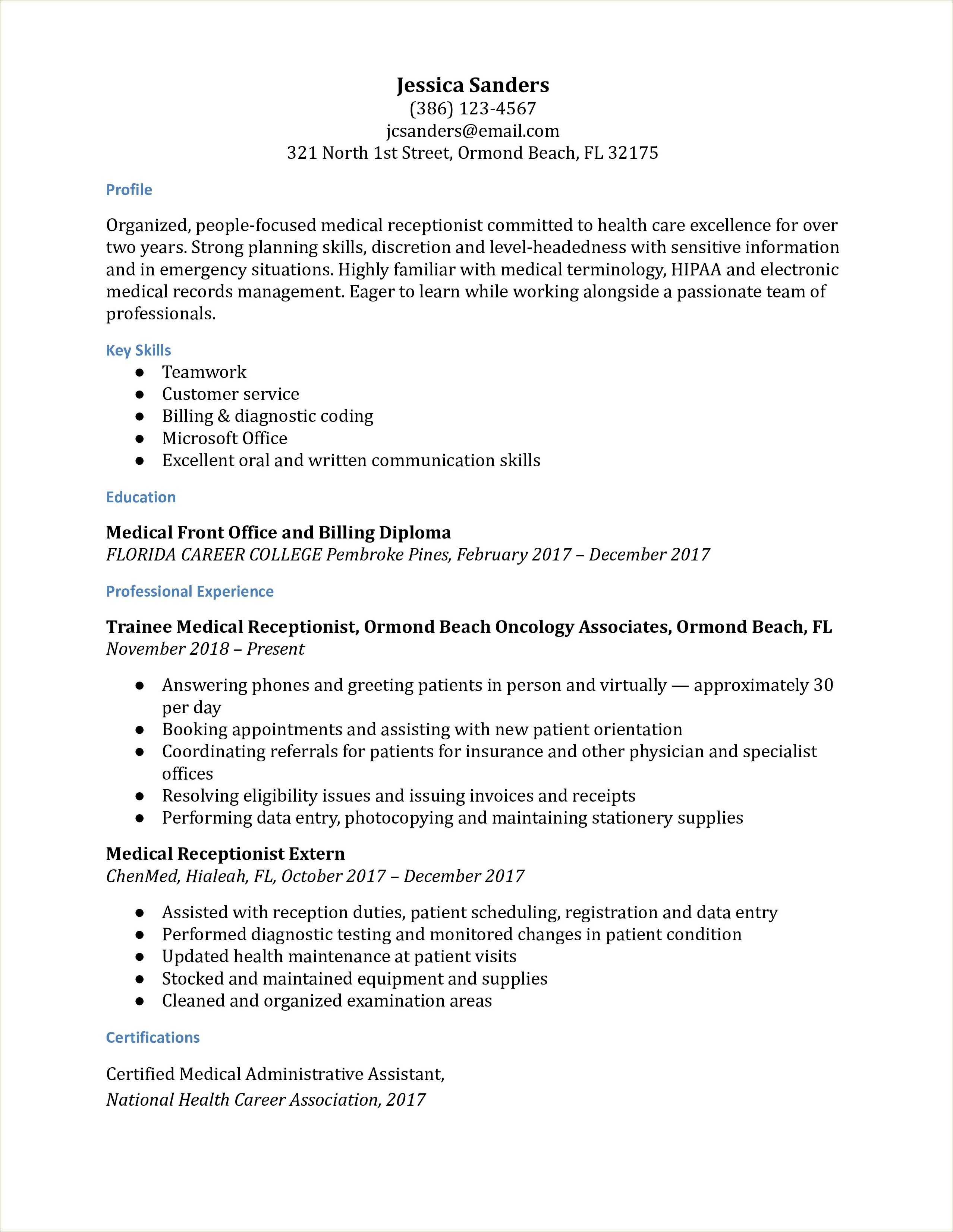 Examples Of Medical Office Receptionist Resume - Resume Example Gallery