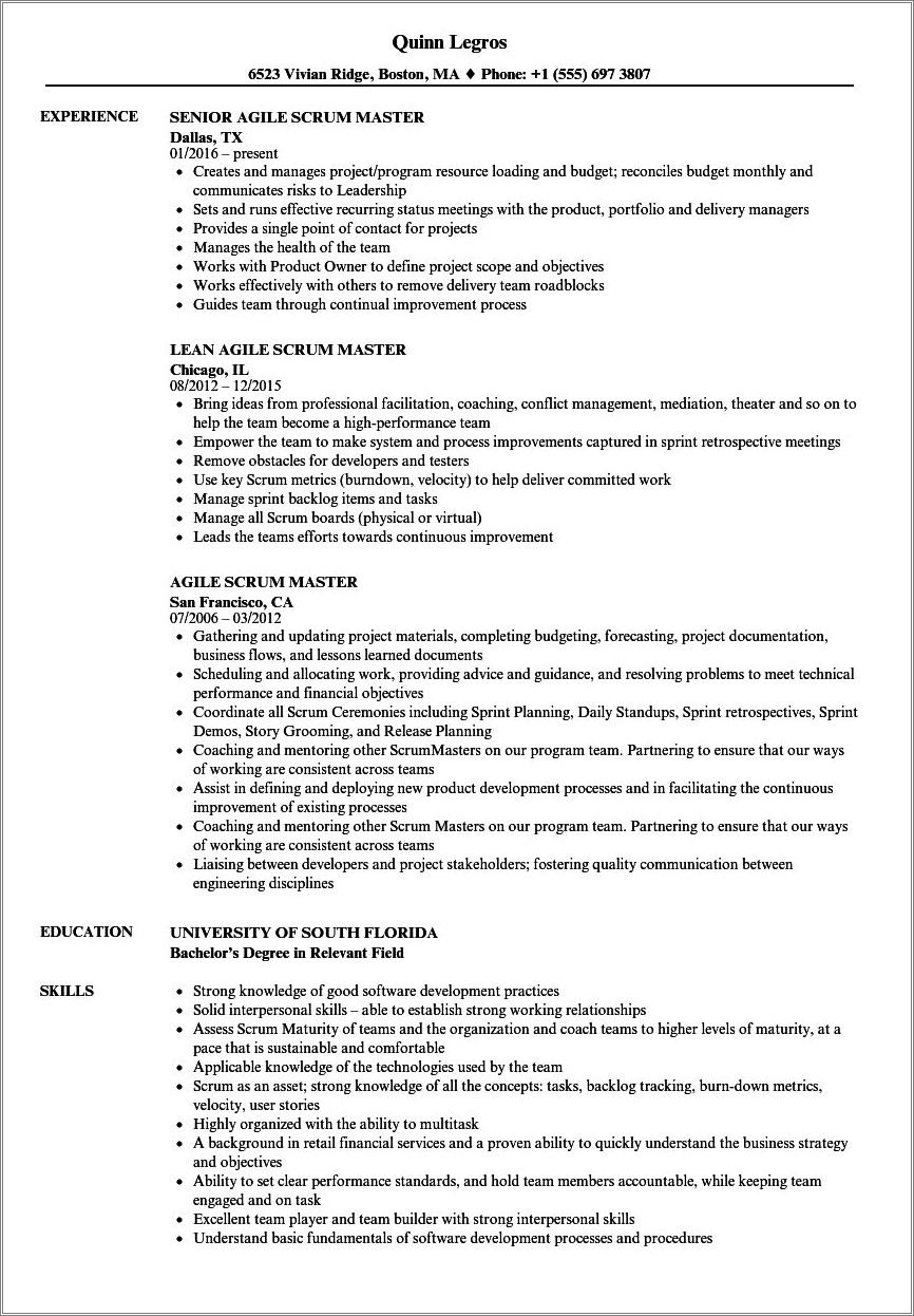 Examples Of Scrum Master Resumes Resume Example Gallery