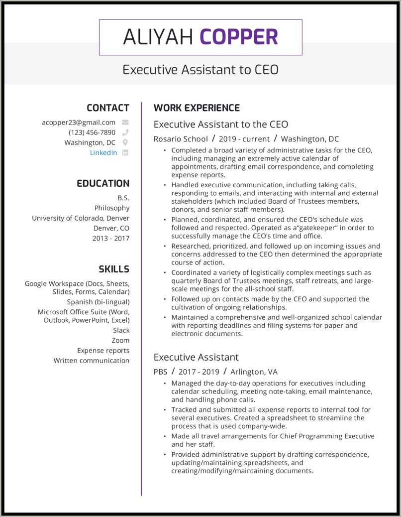 Executive Assistant Job Summary Resume