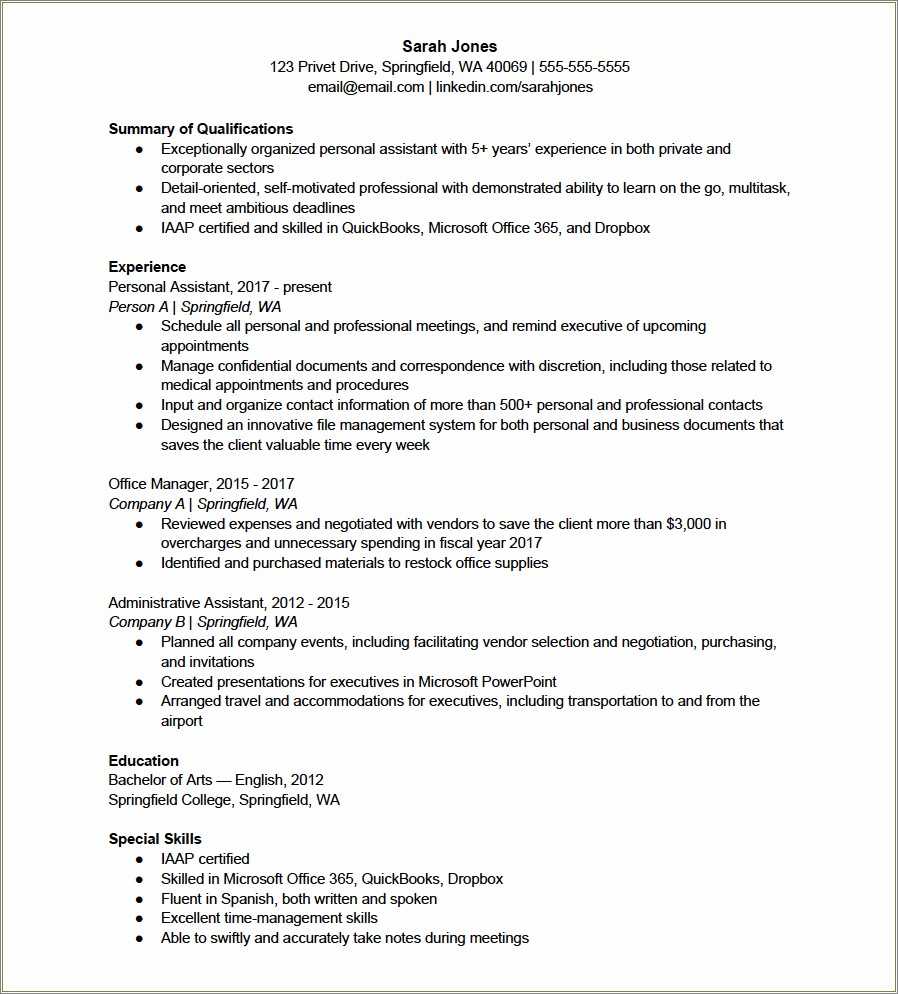 Executive Assistant Skills Resume Example - Resume Example Gallery