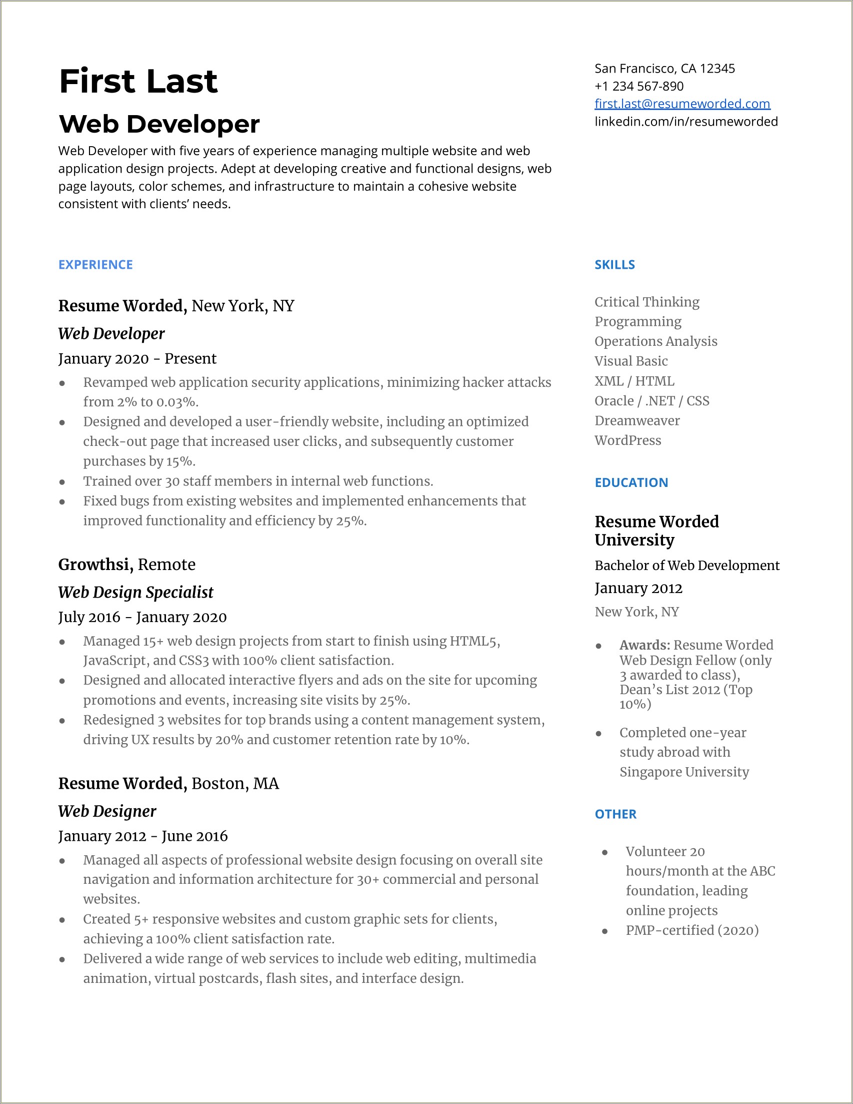 Experience In Managing Websites Resume - Resume Example Gallery