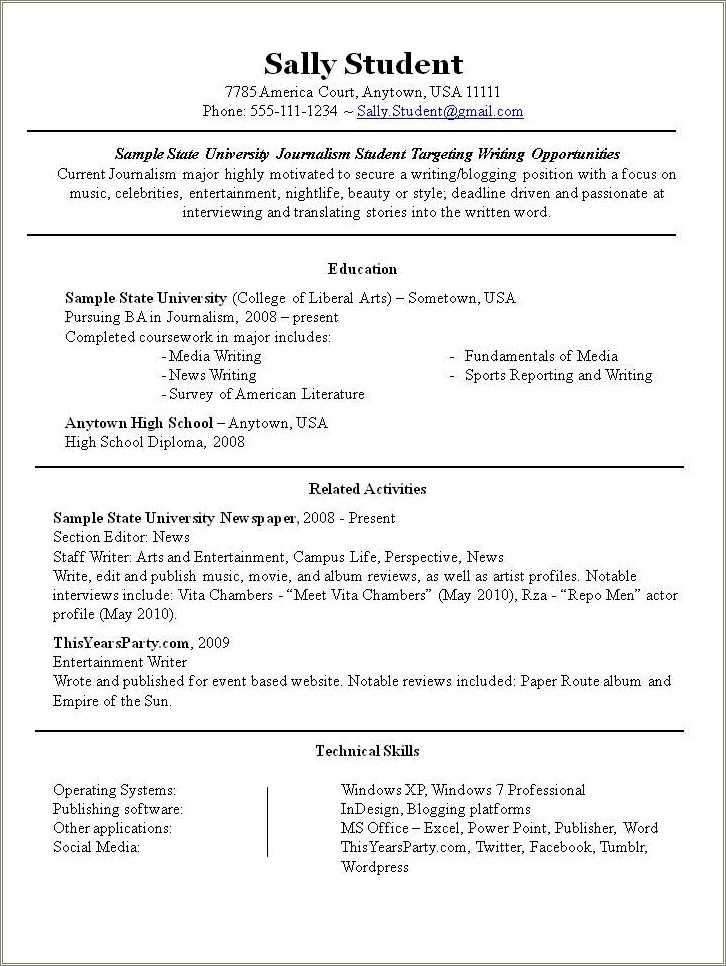 Extra Curricular Activities On Resume Example Resume Example Gallery