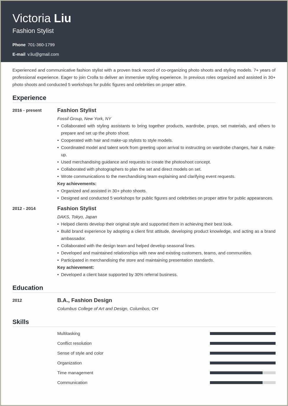 Fashion Stylist Job Description Resume