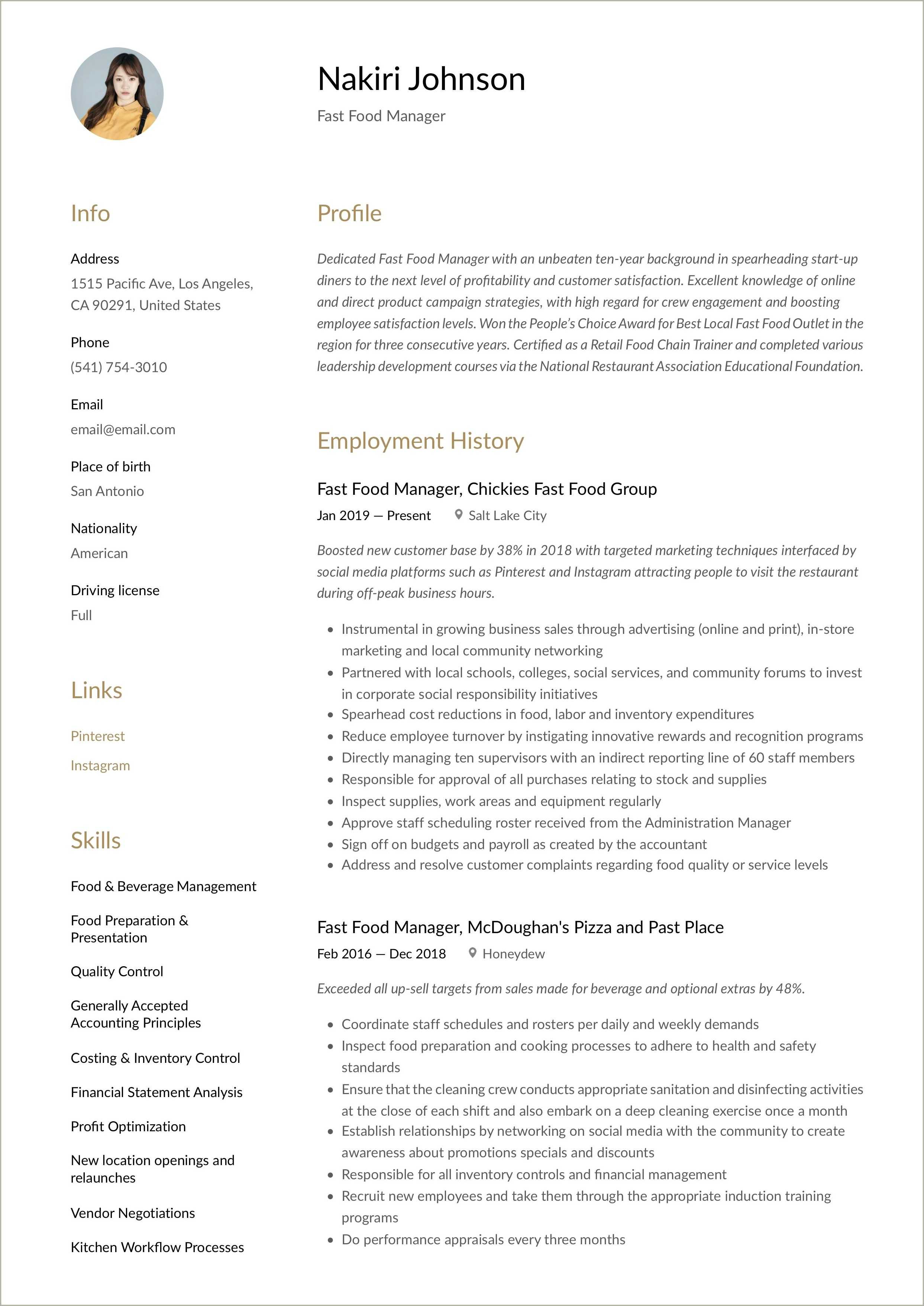 Fast Food Assistant Manager Resume Examples Resume Example Gallery