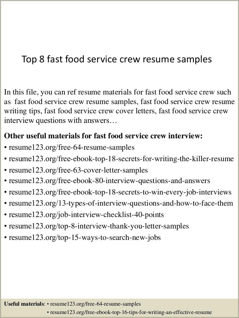 Fast Food Resume Samples Examples - Resume Example Gallery