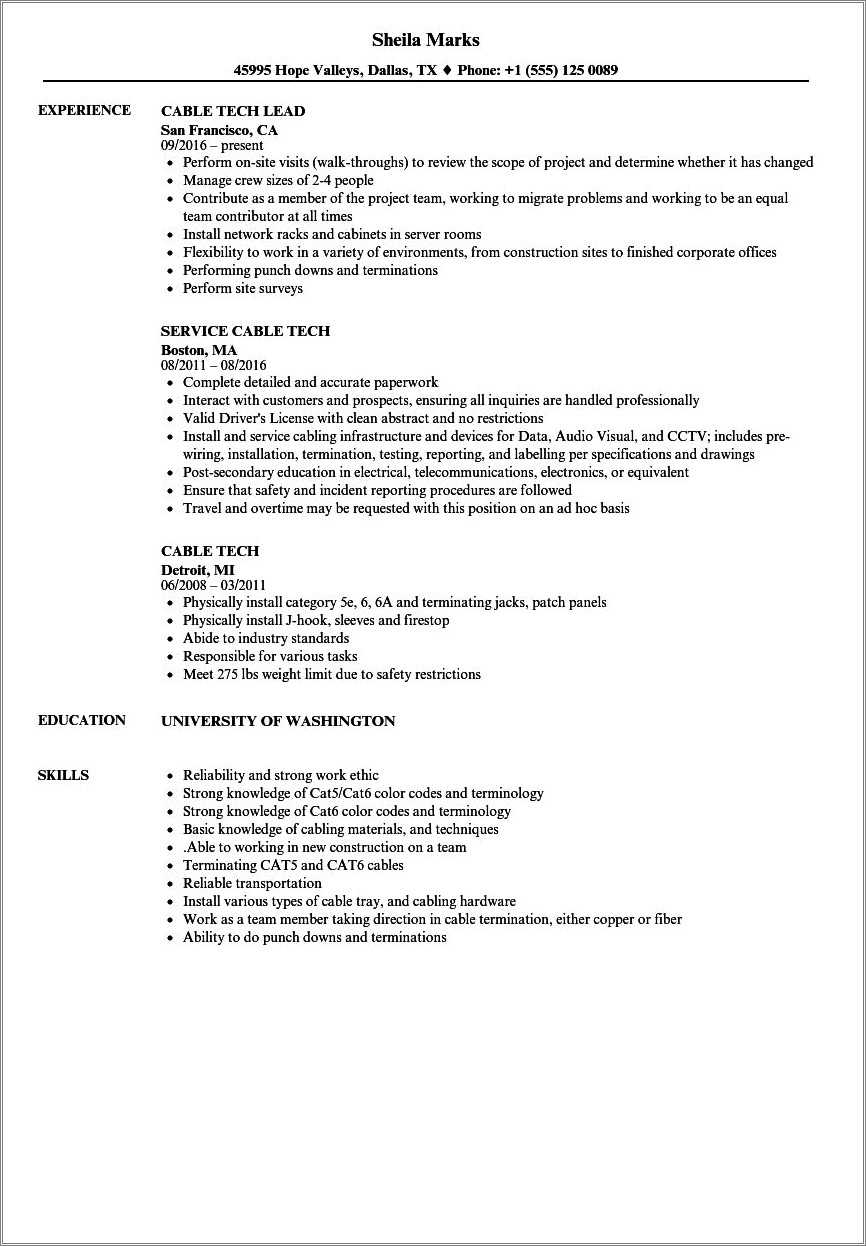 Fiber Optic Cable Technician Sample Resume - Resume Example Gallery