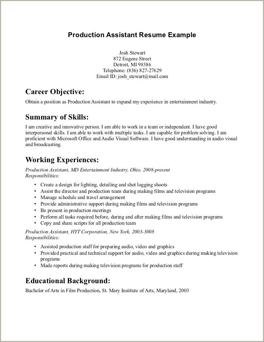 Examples Of Film Production Assistant Resumes - Resume Example Gallery