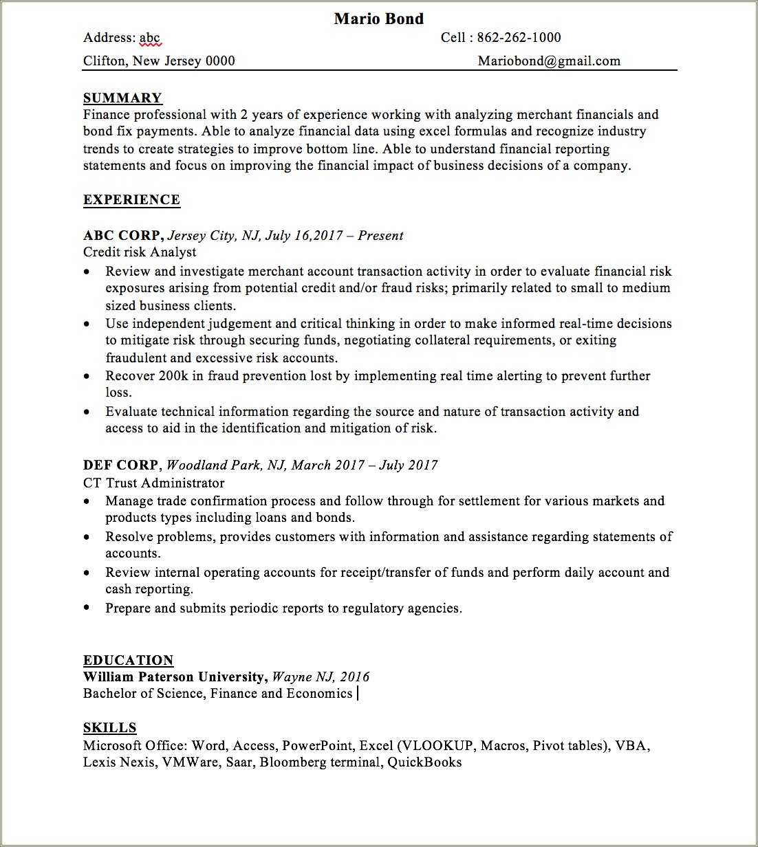 Financial Analyst Resume Sample For Freshers - Resume Example Gallery