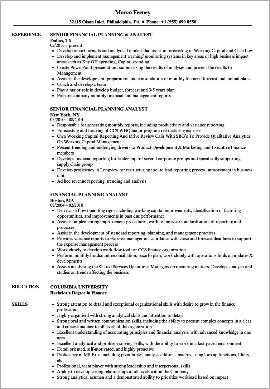 Resume Sample For Financial Management - Resume Example Gallery