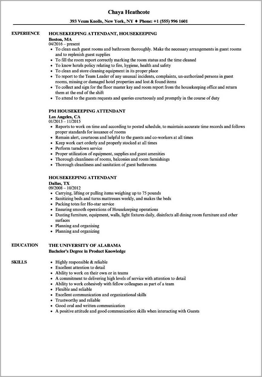 Job Description Of Room Attendant For Resume Resume Example Gallery