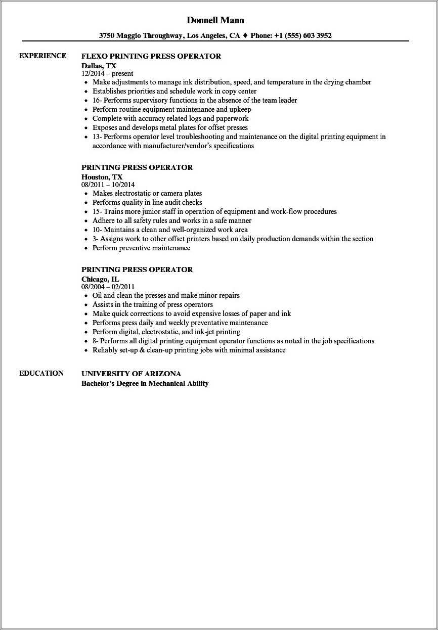 Press Brake Operator Resume Sample - Resume Example Gallery