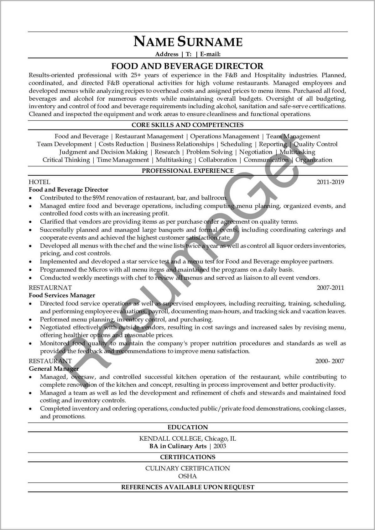 Food And Beverage Resume Skills Resume Example Gallery