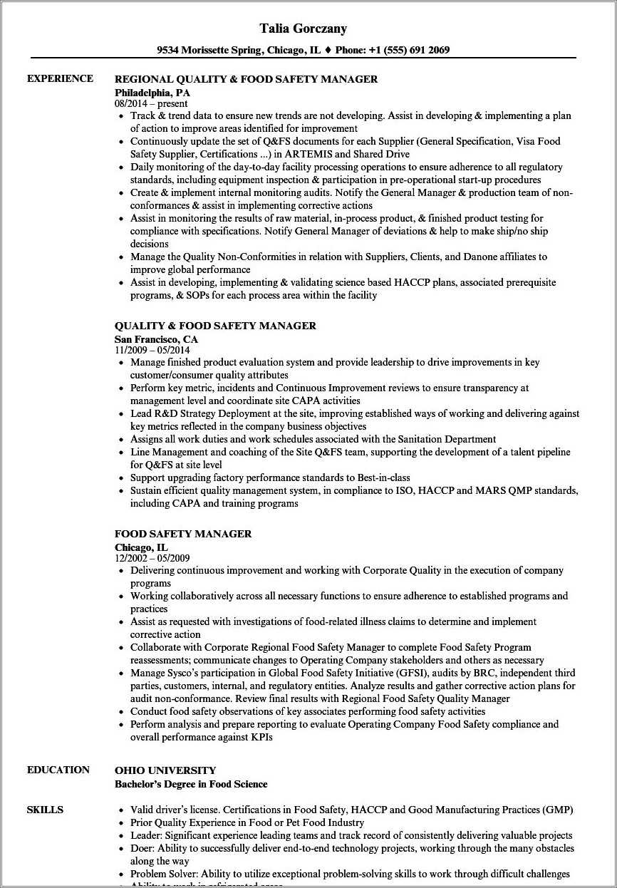 Food Safety Skills For Resume Resume Example Gallery