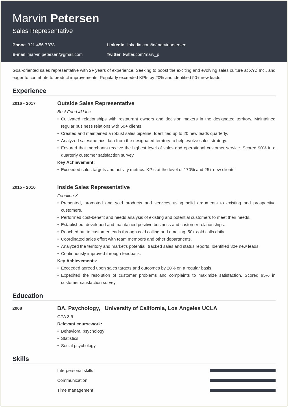 Food Sales Representative Responsibilites Resume Example - Resume ...