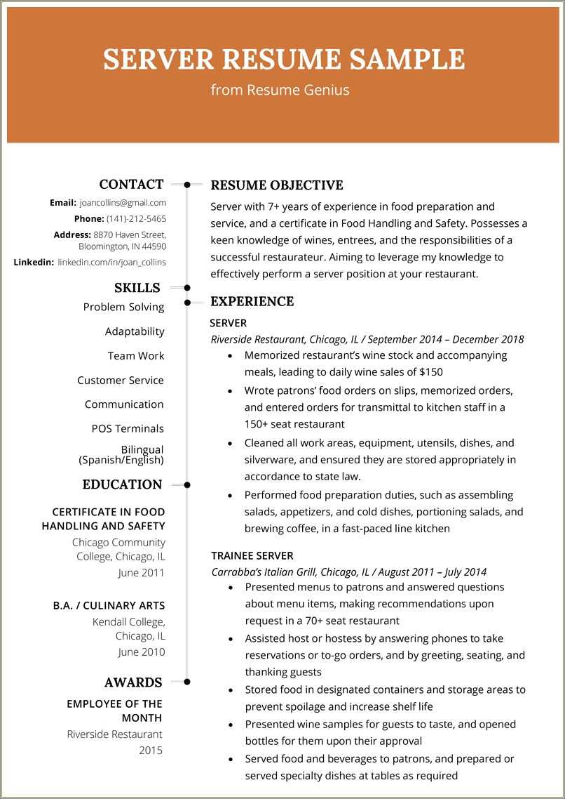 Food Service Resume Objective Sample Resume Example Gallery