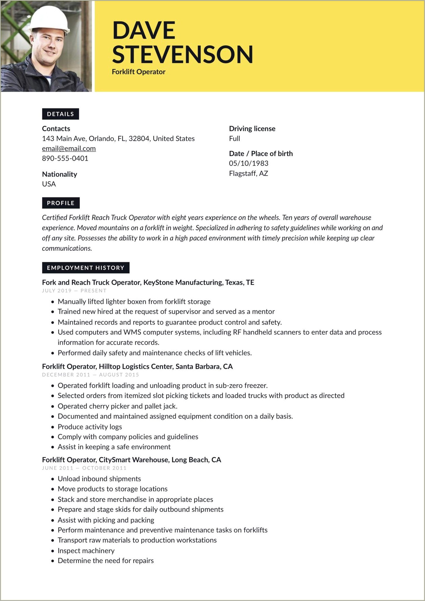 Free Forklift Operator Resume Sample - Resume Example Gallery