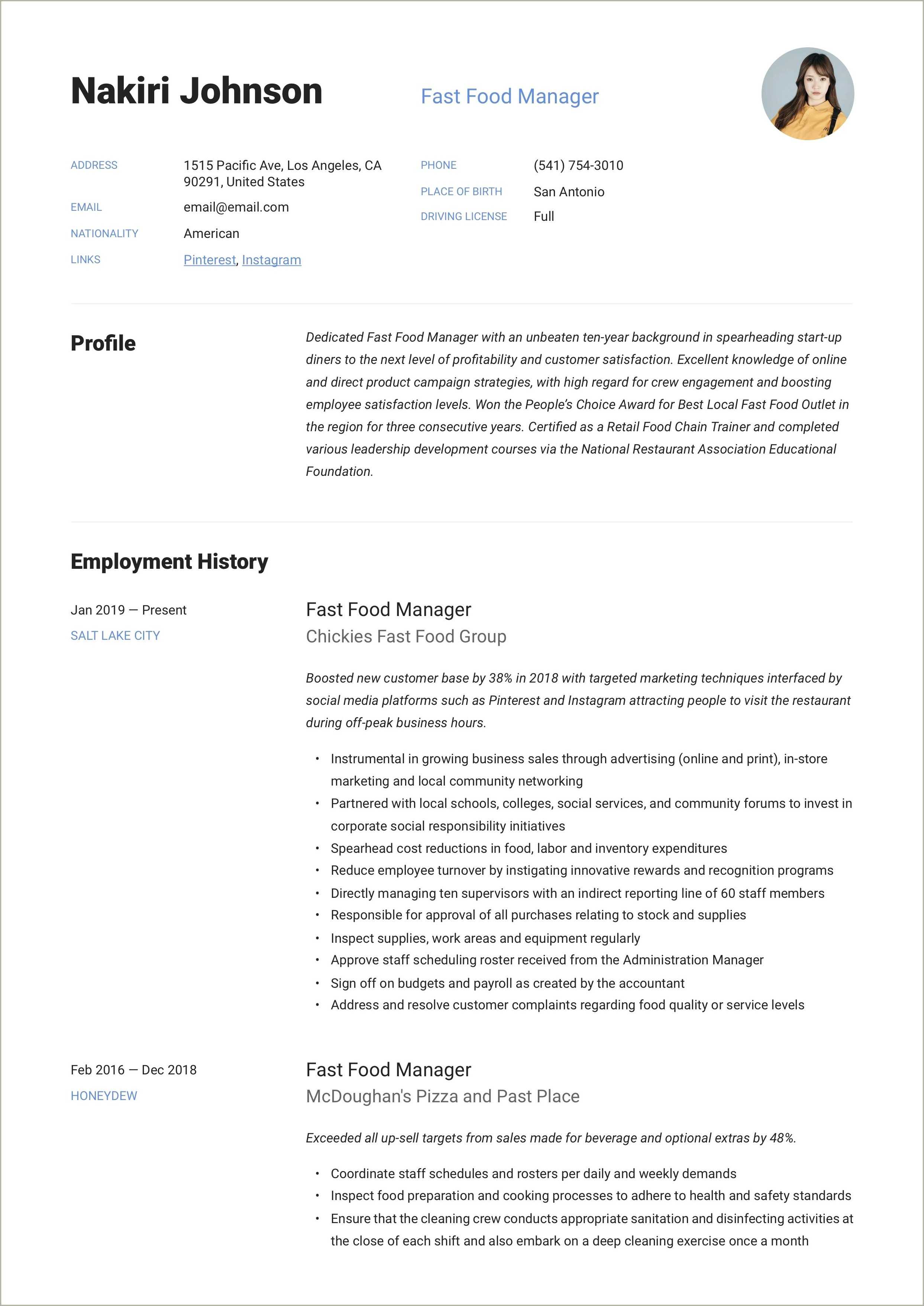 free-fast-food-resume-sample-resume-example-gallery