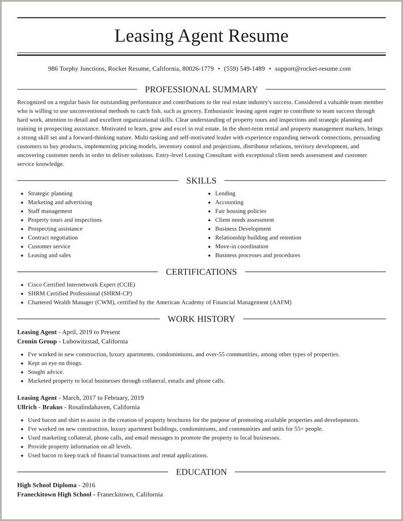 Free Leasing Agent Resume Samples - Resume Example Gallery