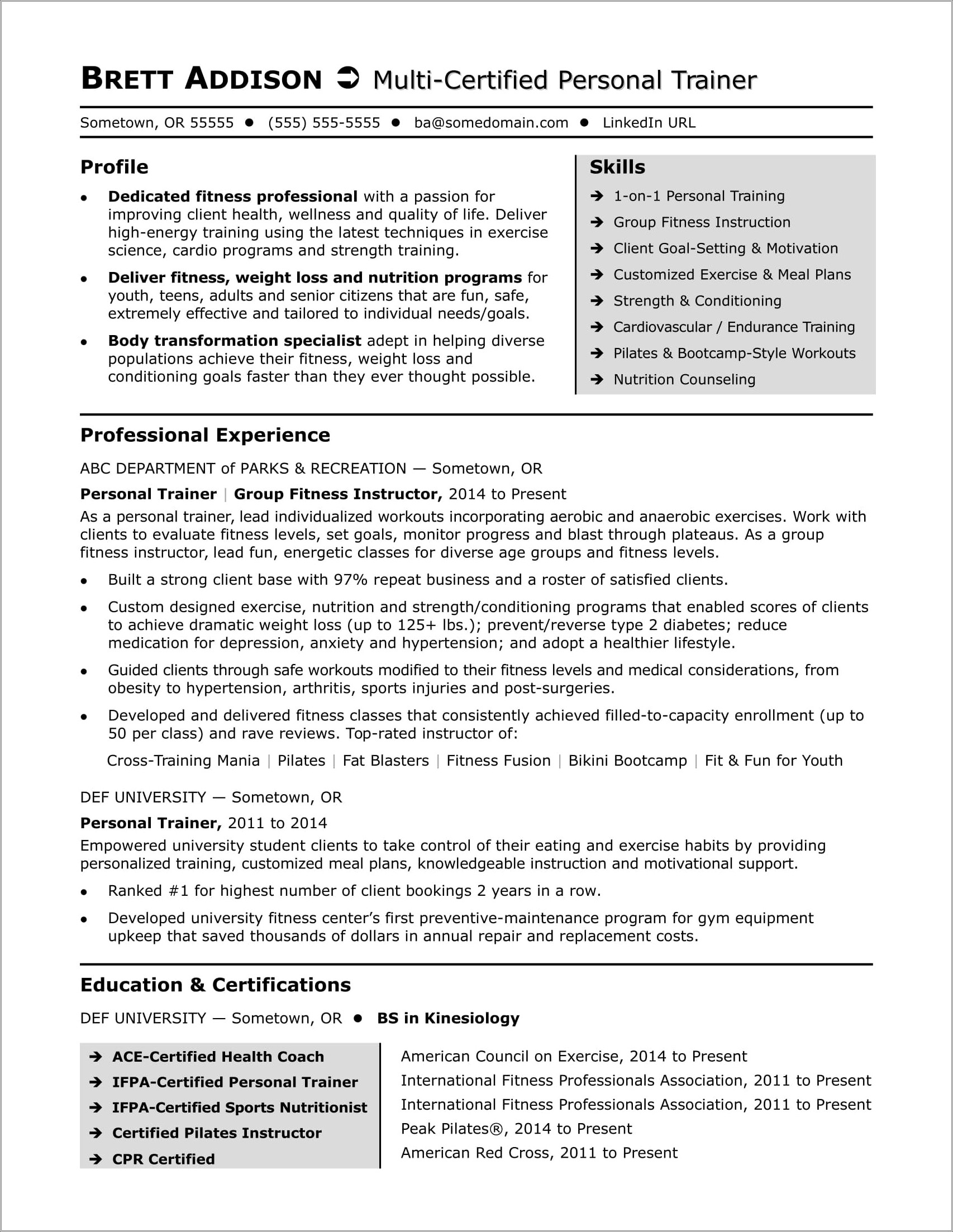 Entry Level Personal Trainer Resume Template - Resume Example Gallery