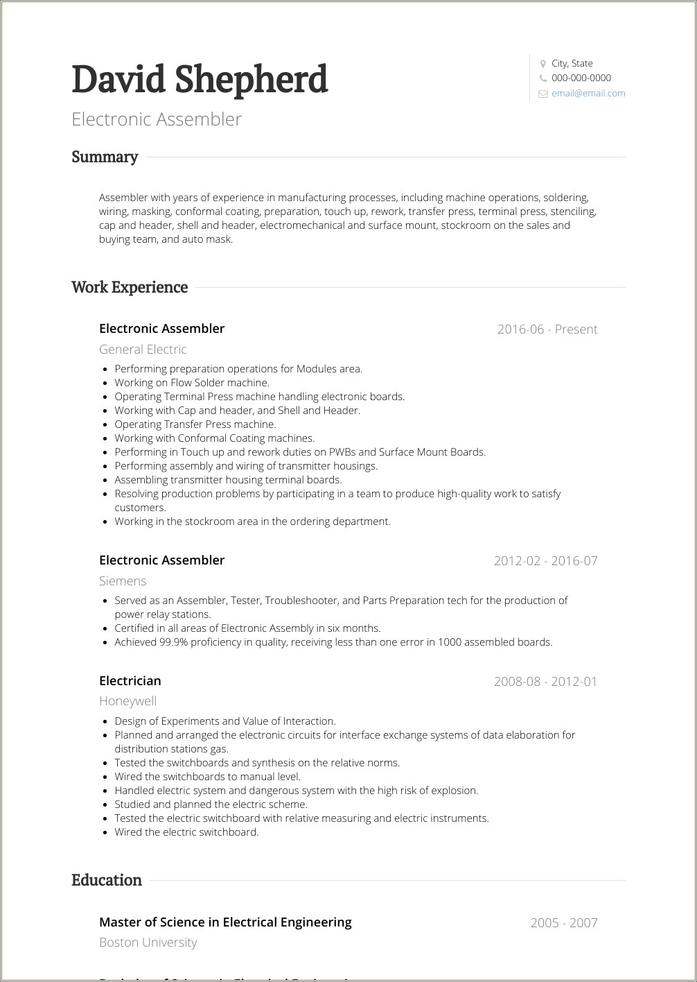 Resume Sample Mechanical Assembler Templates - Resume Example Gallery