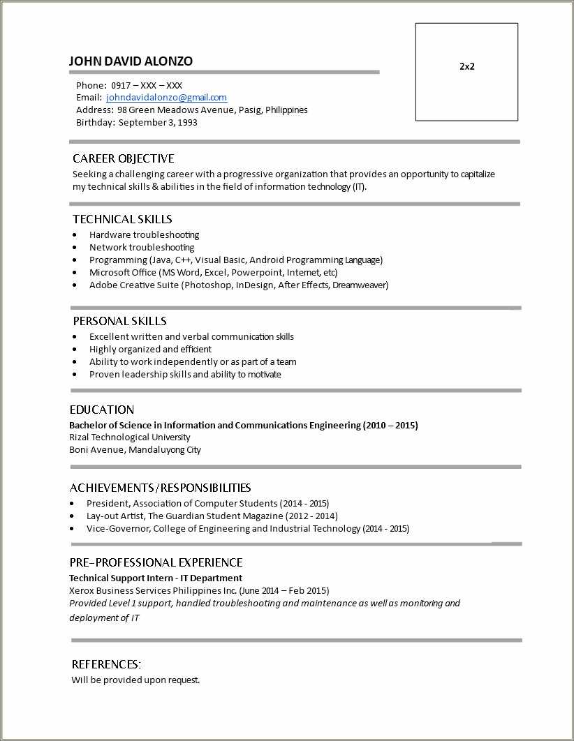 Fresh Graduate Information Technology Resume Sample - Resume Example ...