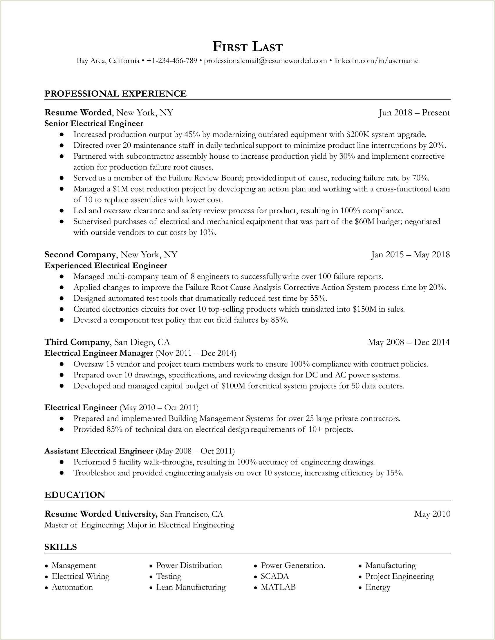 Fresher Electrical Engineer Resume Sample - Resume Example Gallery