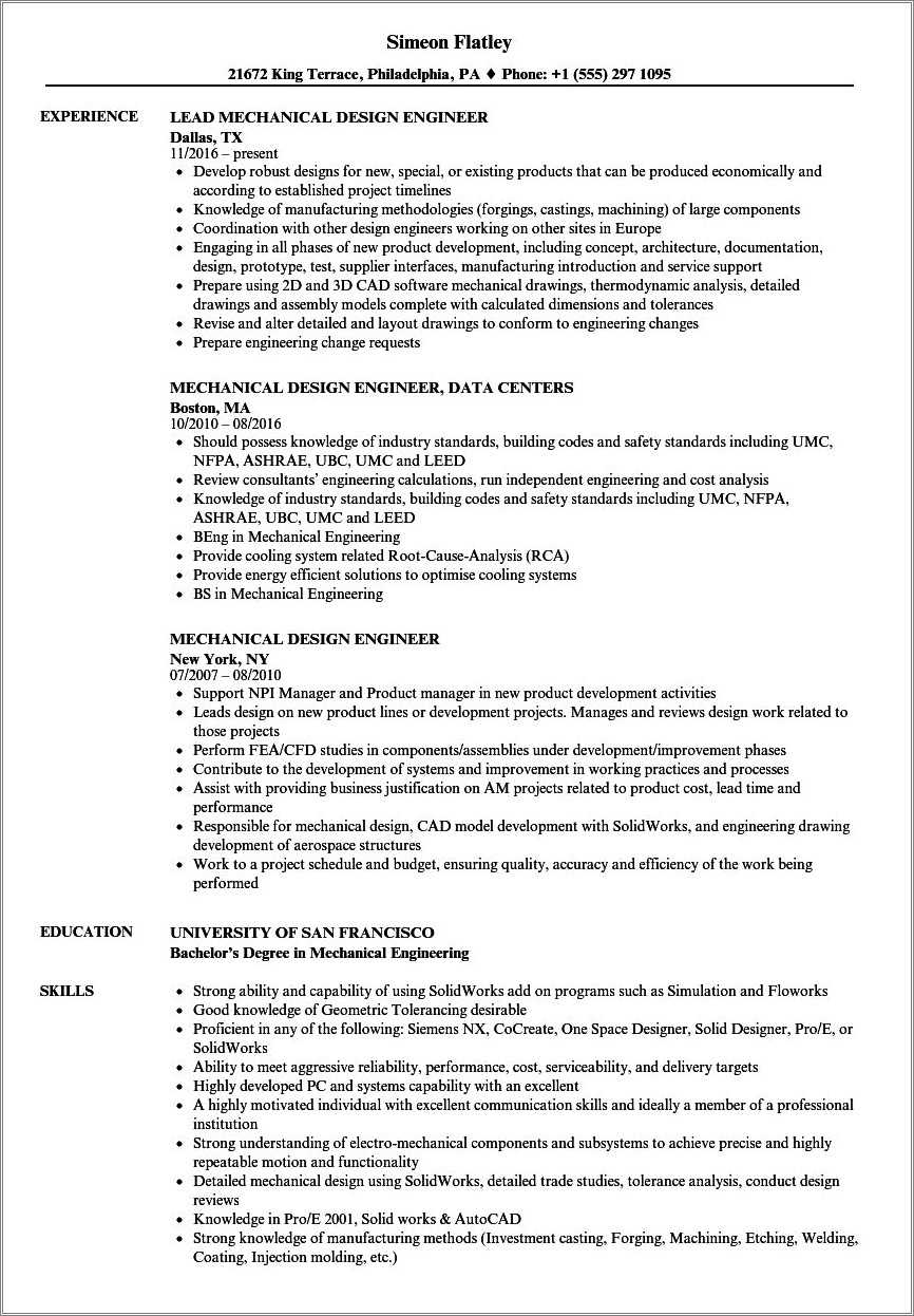 Fresher Mechanical Design Engineer Resume Sample - Resume Example Gallery