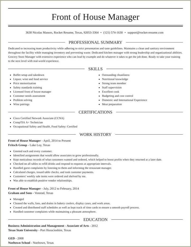 Front Of House Manager Resume Examples Resume Example Gallery