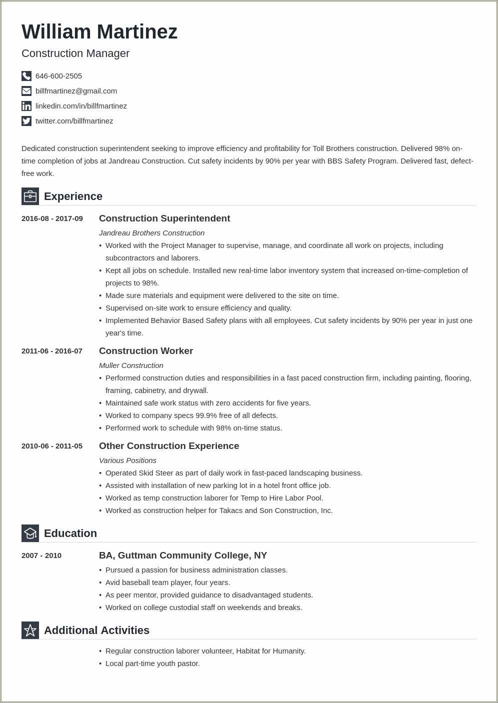 General Construction Worker Resume Sample - Resume Example Gallery