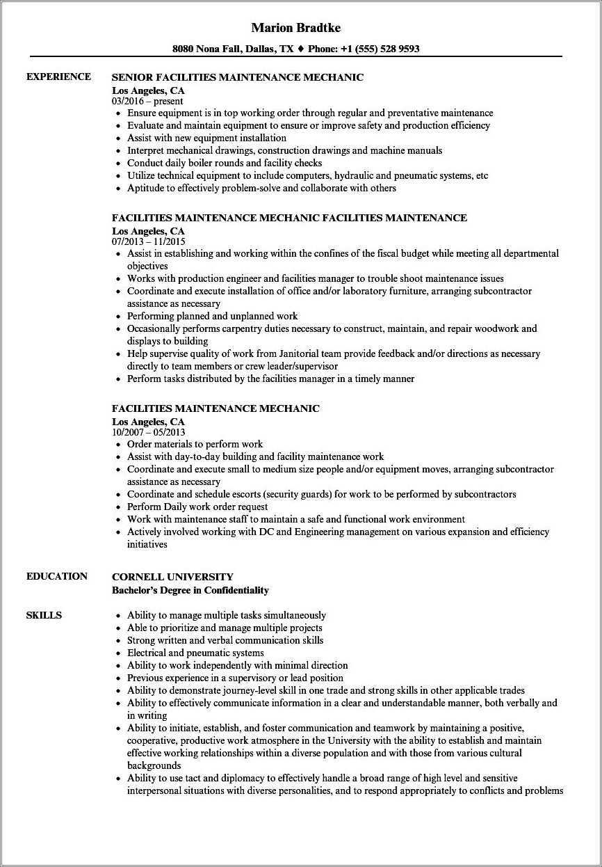 Sample Resume For Maintenance Work - Resume Example Gallery