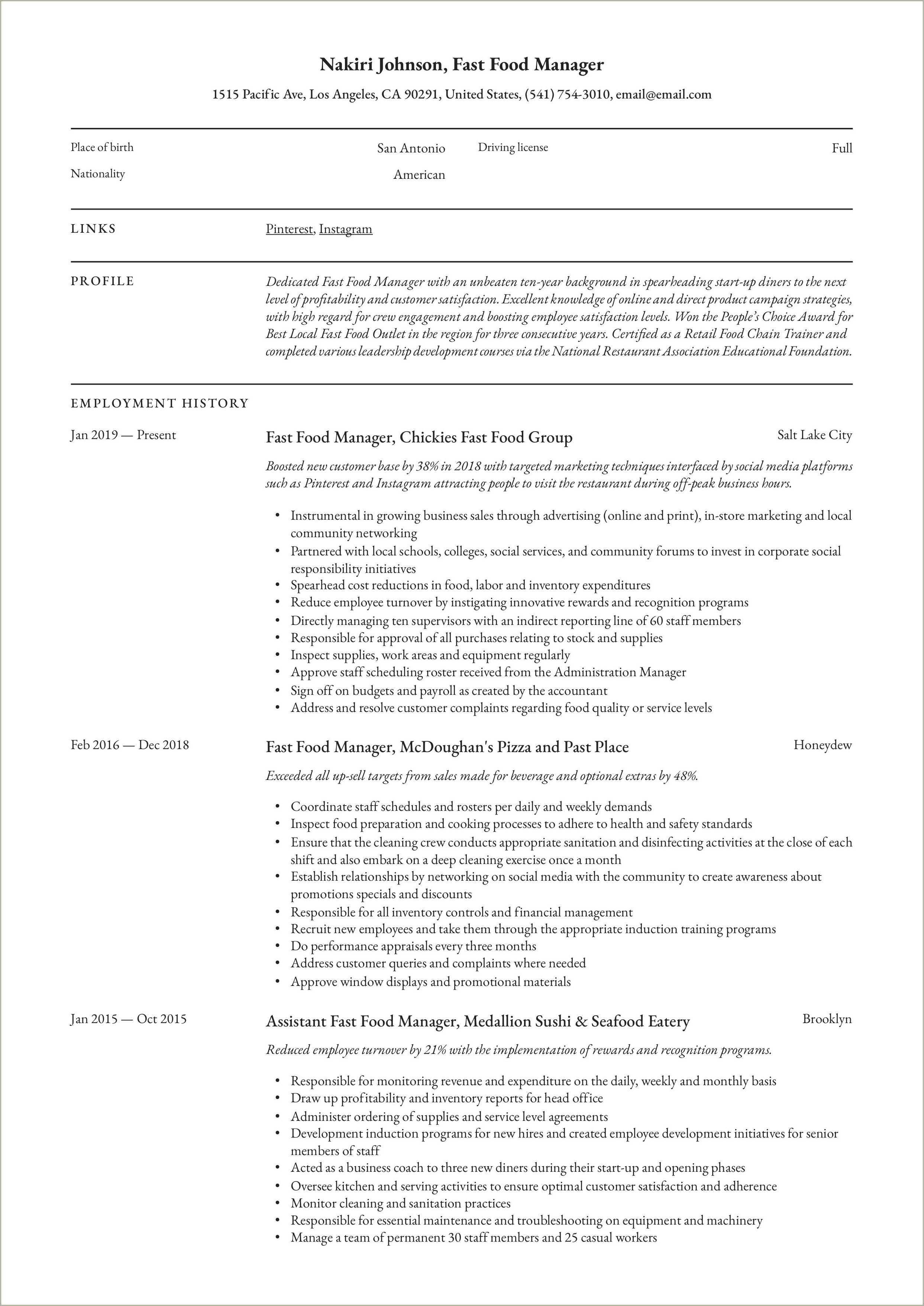 Good Resume Summarys For Fast Food Resume Example Gallery