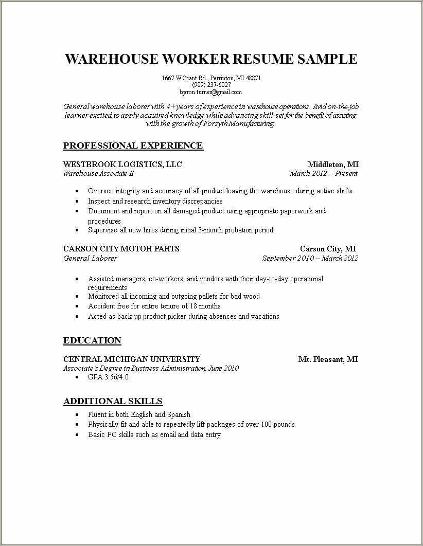 Good Skills To Put On Resume For Warehouse