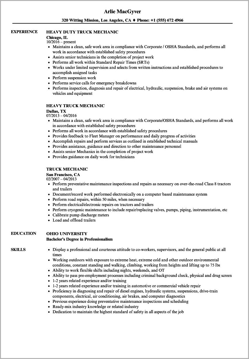 Heavy Duty Diesel Truck Mechanic Resume Sample - Resume Example Gallery