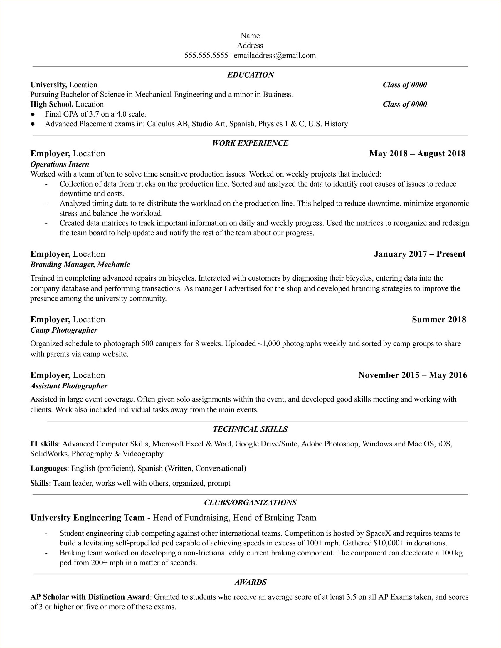 High School Resume Template For Internship - Resume Example Gallery