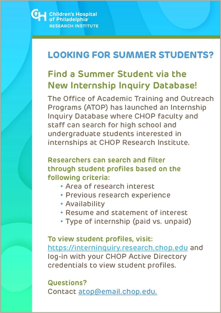 High School Summer Research Internship Resume - Resume Example Gallery