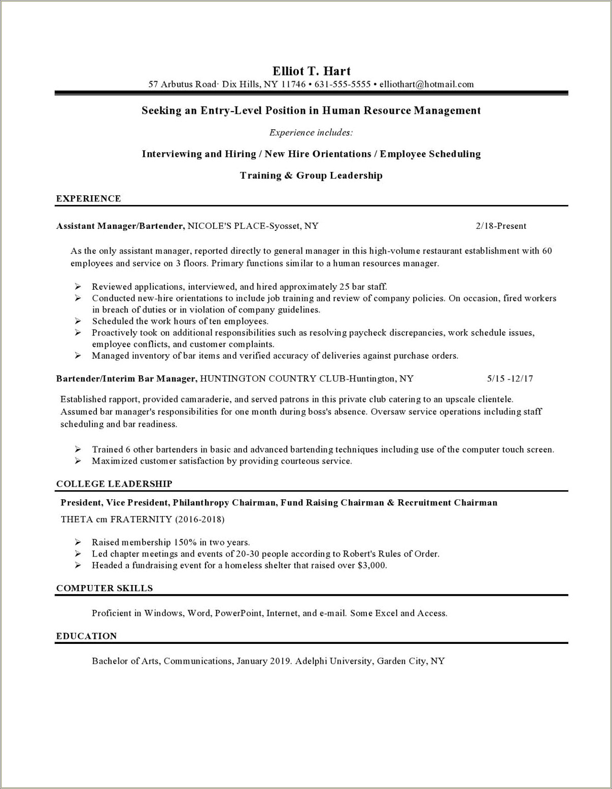 Bartender No Experience Resume Sample Resume Example Gallery