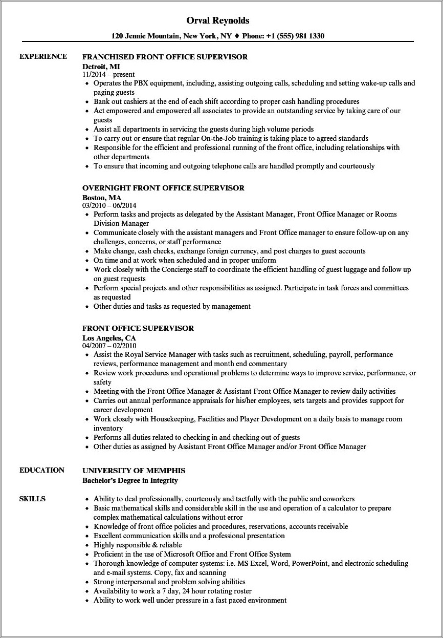 Hotel Front Desk Manager Resume Examples Resume Example Gallery