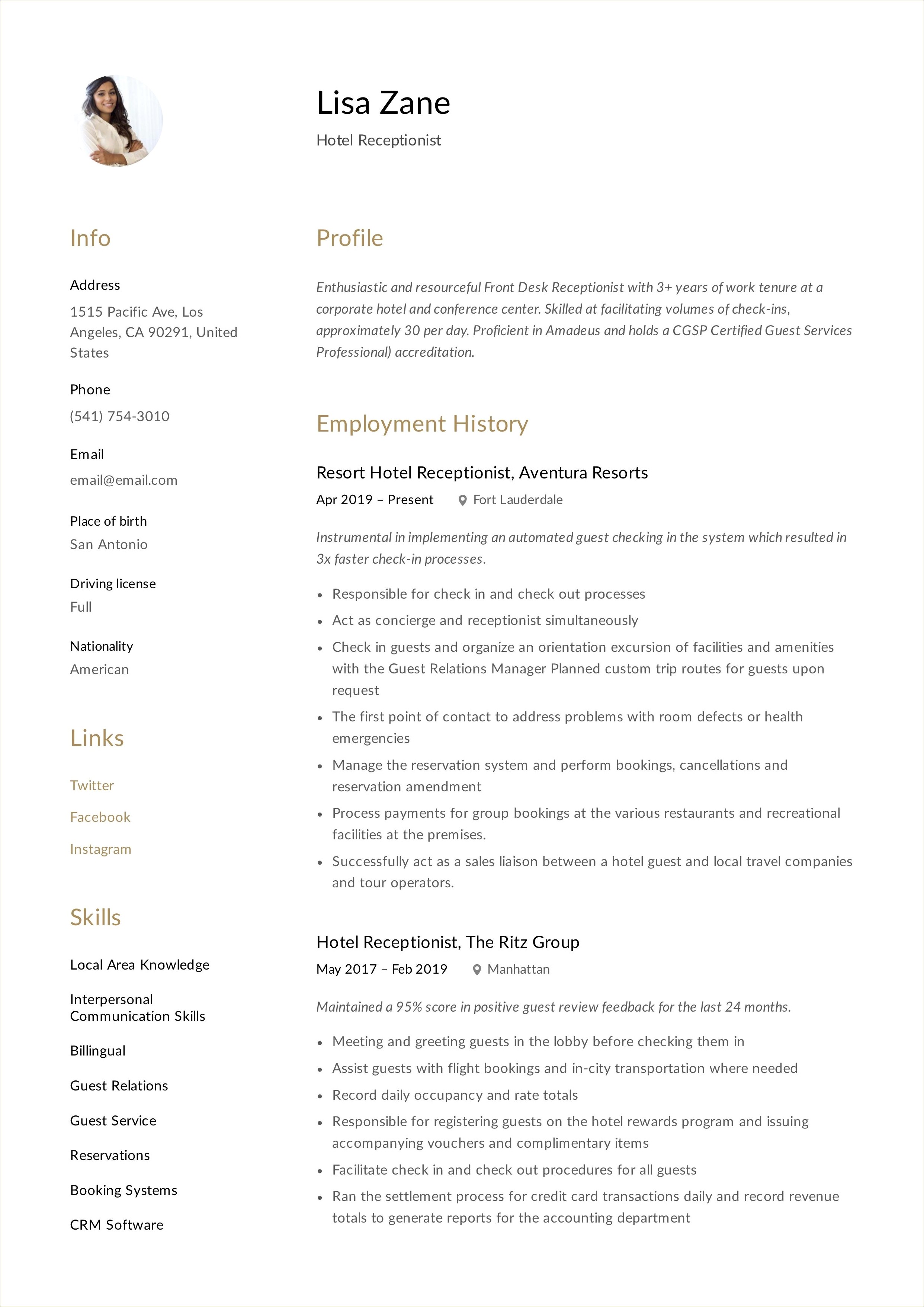 Hotel Front Desk Receptionist Sample Resume - Resume Example Gallery