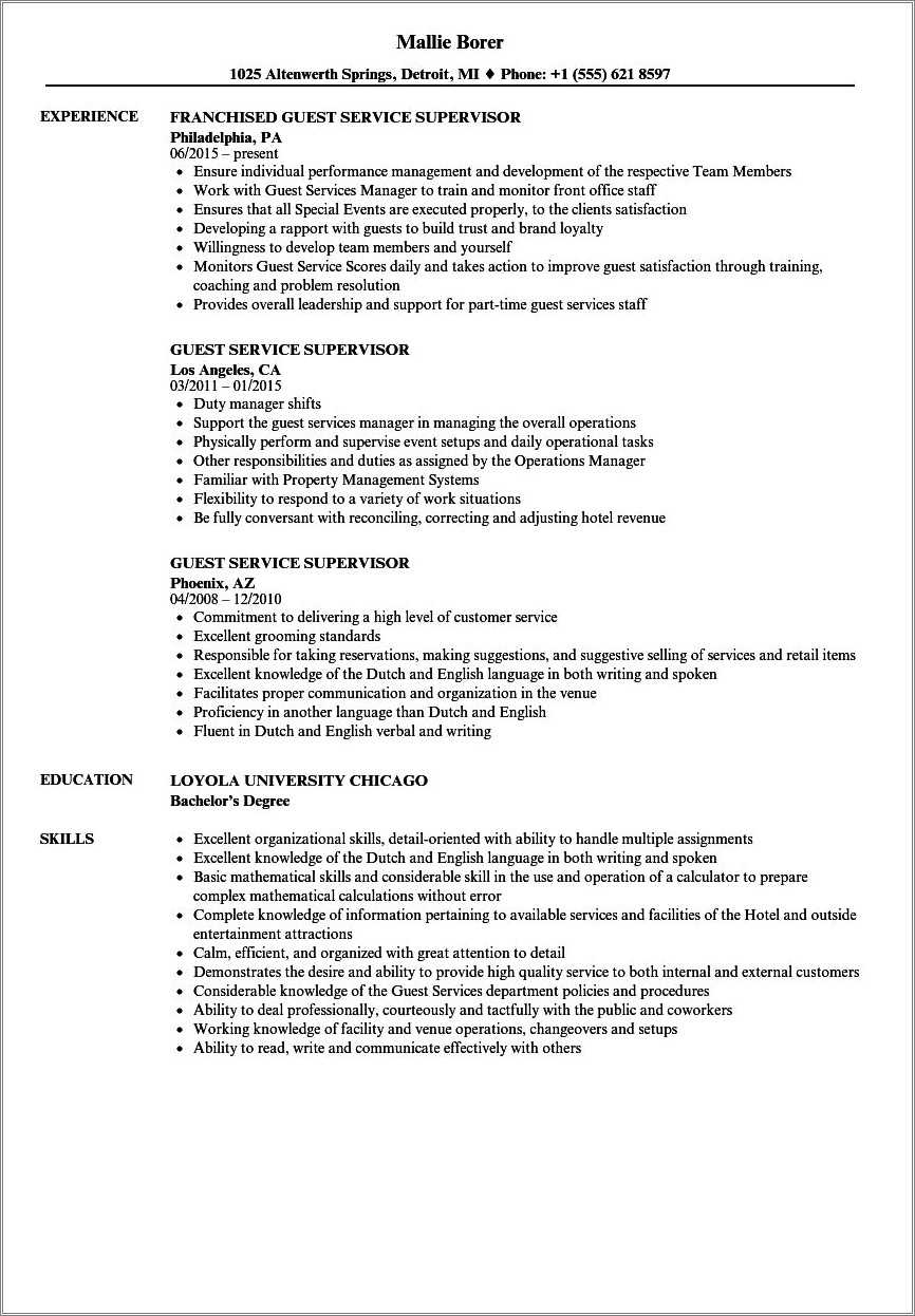 Hotel Front Desk Supervisor Resume Examples Resume Example Gallery