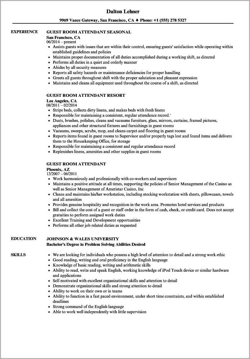 Hotel Housekeeping Attendant Resume Sample - Resume Example Gallery