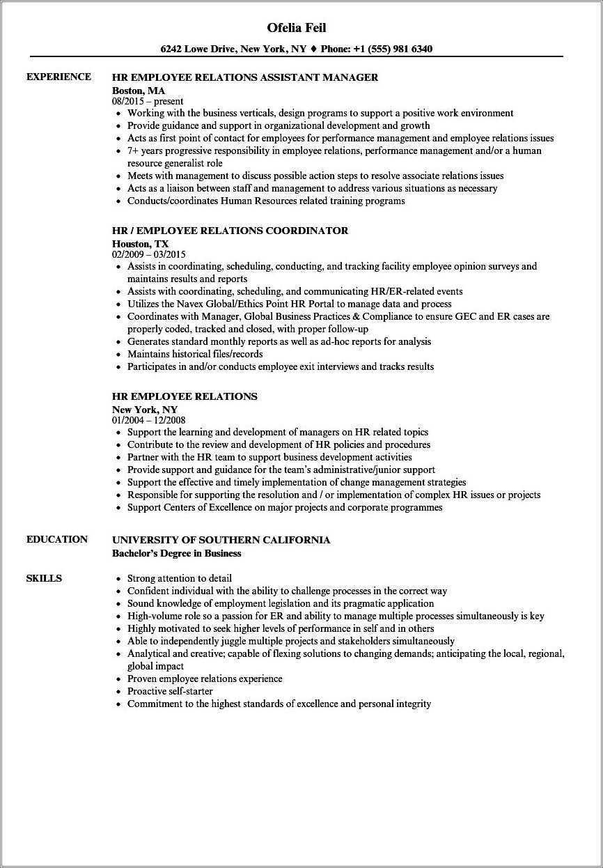 Employee Relations Specialist Resume Example - Resume Example Gallery