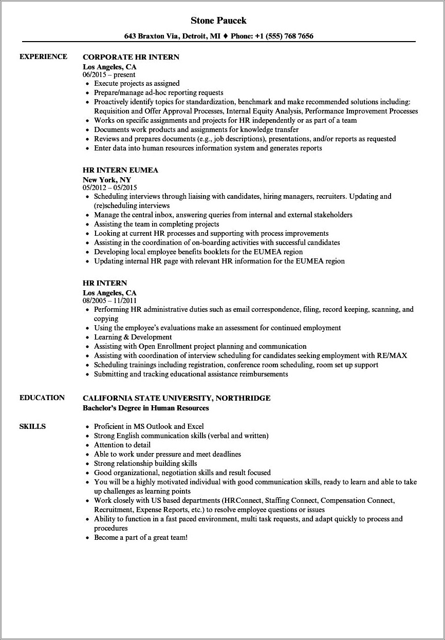 Hr Internship Resume With No Experience - Resume Example Gallery