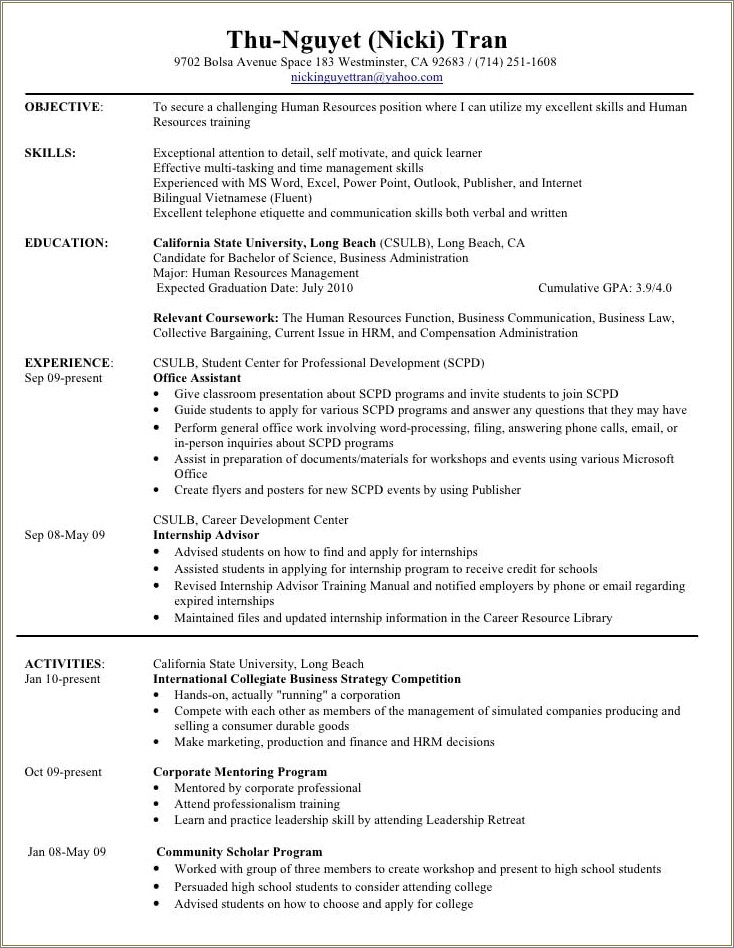 Human Resource Resume Objective Example - Resume Example Gallery